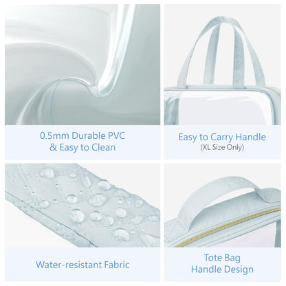 Clear Makeup Bag Travel - TSA Approved Toiletry Bag, 2 Pack Black | 1 Medium Quart Carry-On & 1 Large Checked-Luggage, Easy-Carry Handle, Water-Resistant, Clear Easy-Check for Airport, Women