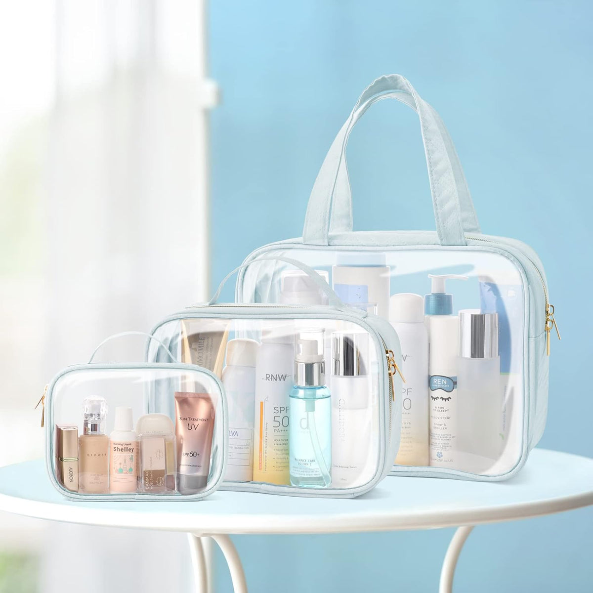Clear Makeup Bag Travel - TSA Approved Toiletry Bag, 2 Pack Black | 1 Medium Quart Carry-On & 1 Large Checked-Luggage, Easy-Carry Handle, Water-Resistant, Clear Easy-Check for Airport, Women