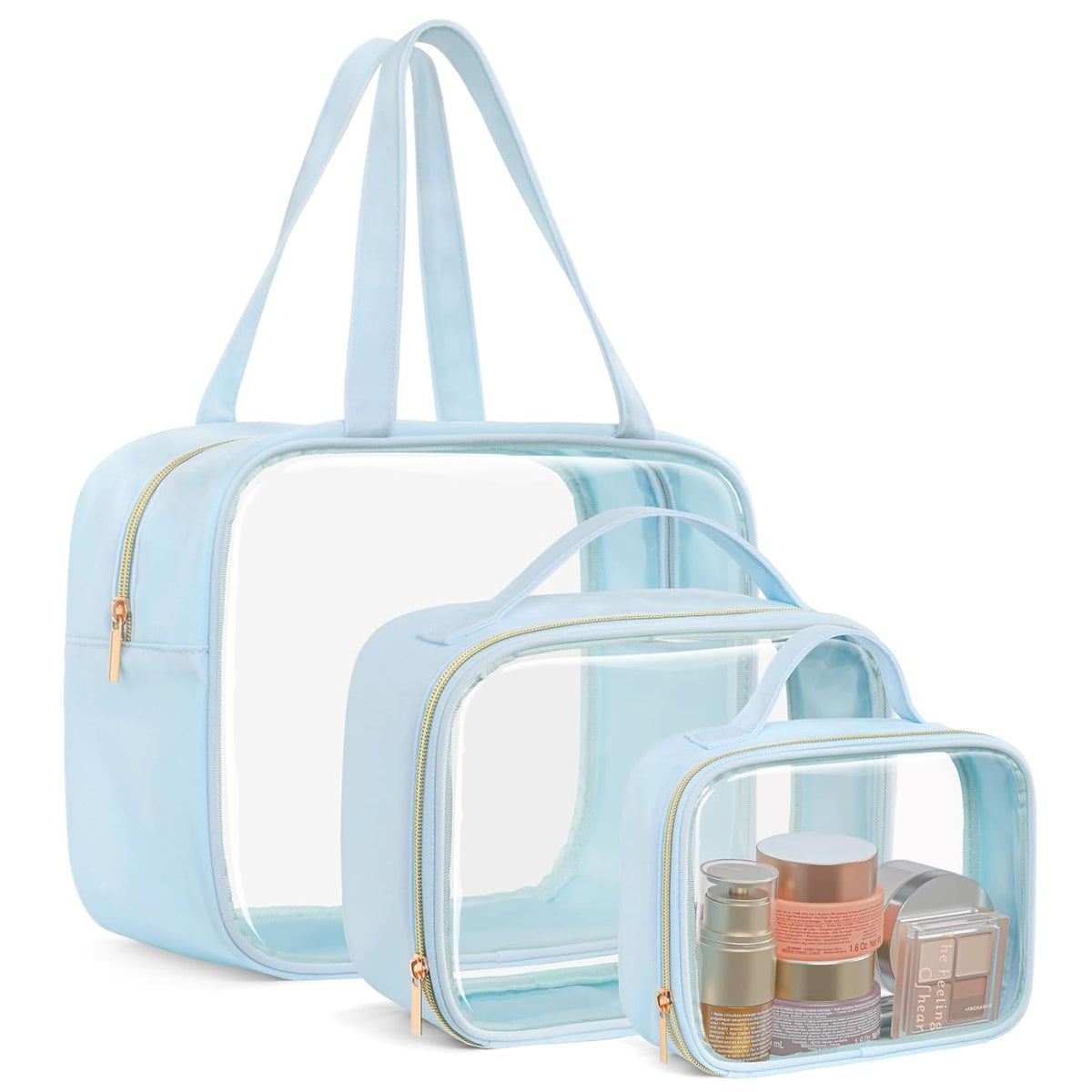 Clear Makeup Bag Travel - TSA Approved Toiletry Bag, 2 Pack Black | 1 Medium Quart Carry-On & 1 Large Checked-Luggage, Easy-Carry Handle, Water-Resistant, Clear Easy-Check for Airport, Women