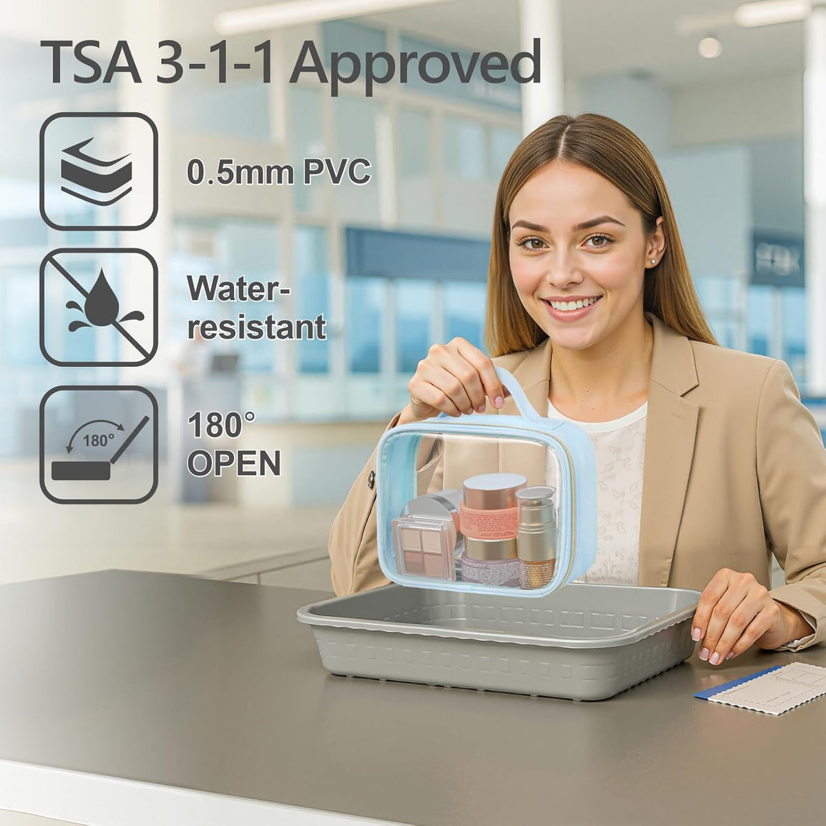 Clear Makeup Bag Travel - TSA Approved Toiletry Bag, 2 Pack Black | 1 Medium Quart Carry-On & 1 Large Checked-Luggage, Easy-Carry Handle, Water-Resistant, Clear Easy-Check for Airport, Women