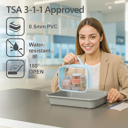 Clear Makeup Bag Travel - TSA Approved Toiletry Bag, 2 Pack Black | 1 Medium Quart Carry-On & 1 Large Checked-Luggage, Easy-Carry Handle, Water-Resistant, Clear Easy-Check for Airport, Women