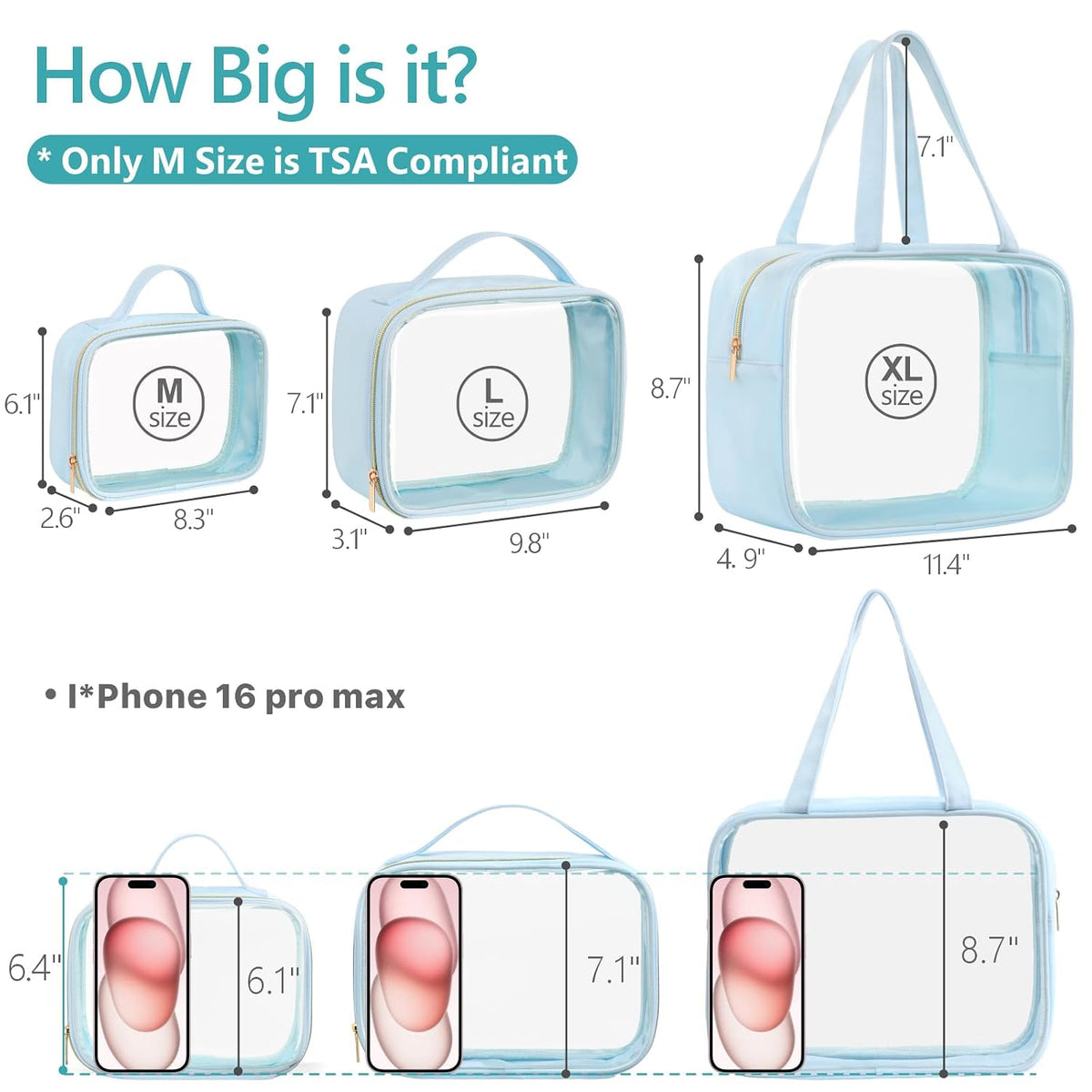 Clear Makeup Bag Travel - TSA Approved Toiletry Bag, 2 Pack Black | 1 Medium Quart Carry-On & 1 Large Checked-Luggage, Easy-Carry Handle, Water-Resistant, Clear Easy-Check for Airport, Women