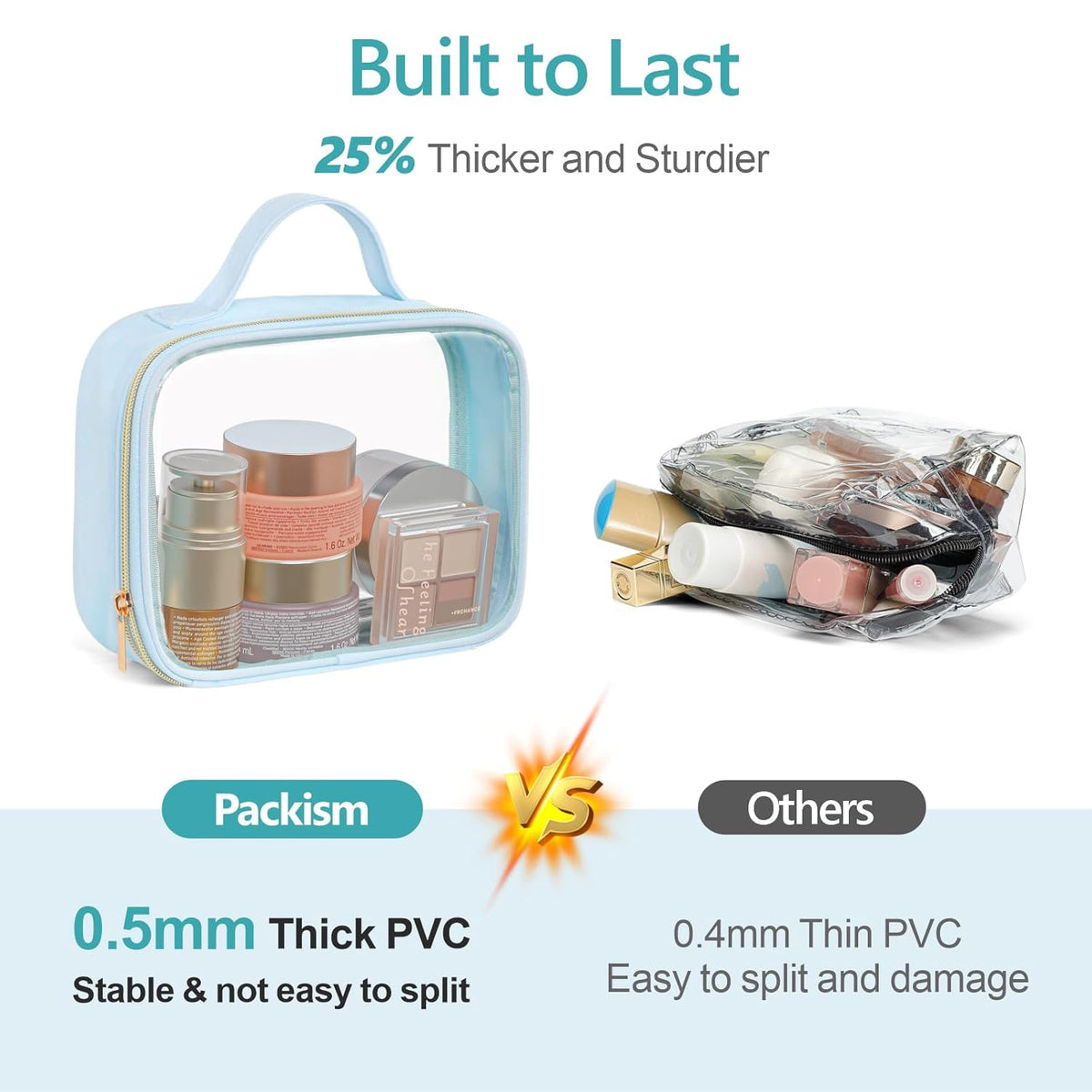 Clear Makeup Bag Travel - TSA Approved Toiletry Bag, 2 Pack Black | 1 Medium Quart Carry-On & 1 Large Checked-Luggage, Easy-Carry Handle, Water-Resistant, Clear Easy-Check for Airport, Women