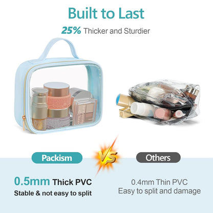 Clear Makeup Bag Travel - TSA Approved Toiletry Bag, 2 Pack Black | 1 Medium Quart Carry-On & 1 Large Checked-Luggage, Easy-Carry Handle, Water-Resistant, Clear Easy-Check for Airport, Women