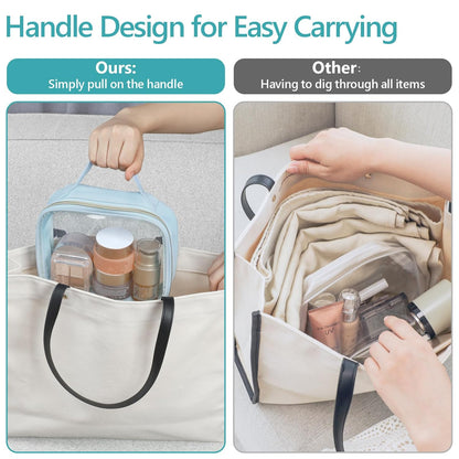 Clear Makeup Bag Travel - TSA Approved Toiletry Bag, 2 Pack Black | 1 Medium Quart Carry-On & 1 Large Checked-Luggage, Easy-Carry Handle, Water-Resistant, Clear Easy-Check for Airport, Women