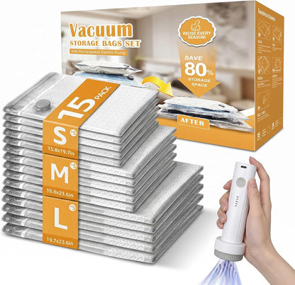 Travel Vacuum Bags with Rechargeable Electric Pump, 15 Pack, 3 Sizes | Vacuum Seal Bags for Clothing, Space Saver Compression Bags for Suitcase, Carry-On, Cruise & Travel