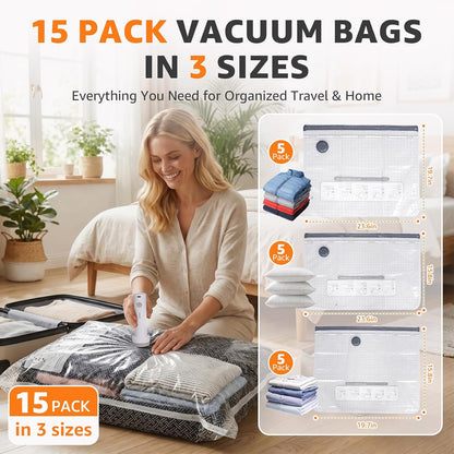 Travel Vacuum Bags with Rechargeable Electric Pump, 15 Pack, 3 Sizes | Vacuum Seal Bags for Clothing, Space Saver Compression Bags for Suitcase, Carry-On, Cruise & Travel
