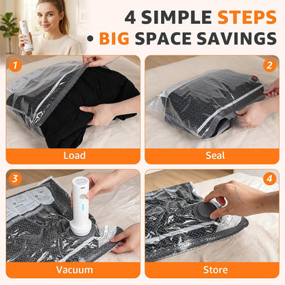 Travel Vacuum Bags with Rechargeable Electric Pump, 15 Pack, 3 Sizes | Vacuum Seal Bags for Clothing, Space Saver Compression Bags for Suitcase, Carry-On, Cruise & Travel