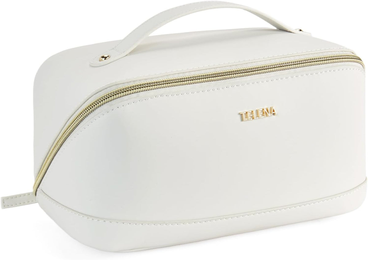 Leather Make Up Bag Portable Travel Makeup Bag Waterproof Cosmetic Bags for Women Large Capacity With Handle and Divider Open Lay Flat | Cosmetic Bags for Women Large Capacity With Handle and Divider Open Lay Flat
