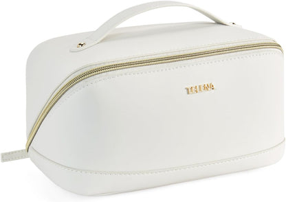 Leather Make Up Bag Portable Travel Makeup Bag Waterproof Cosmetic Bags for Women Large Capacity With Handle and Divider Open Lay Flat | Cosmetic Bags for Women Large Capacity With Handle and Divider Open Lay Flat
