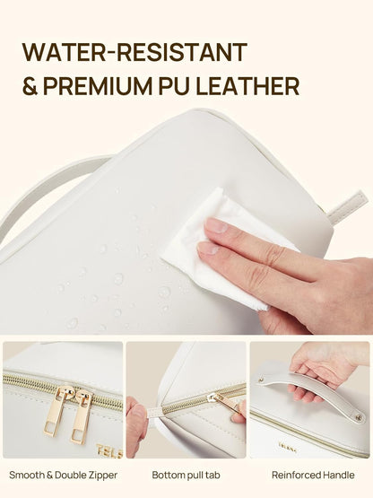 Leather Make Up Bag Portable Travel Makeup Bag Waterproof Cosmetic Bags for Women Large Capacity With Handle and Divider Open Lay Flat | Cosmetic Bags for Women Large Capacity With Handle and Divider Open Lay Flat