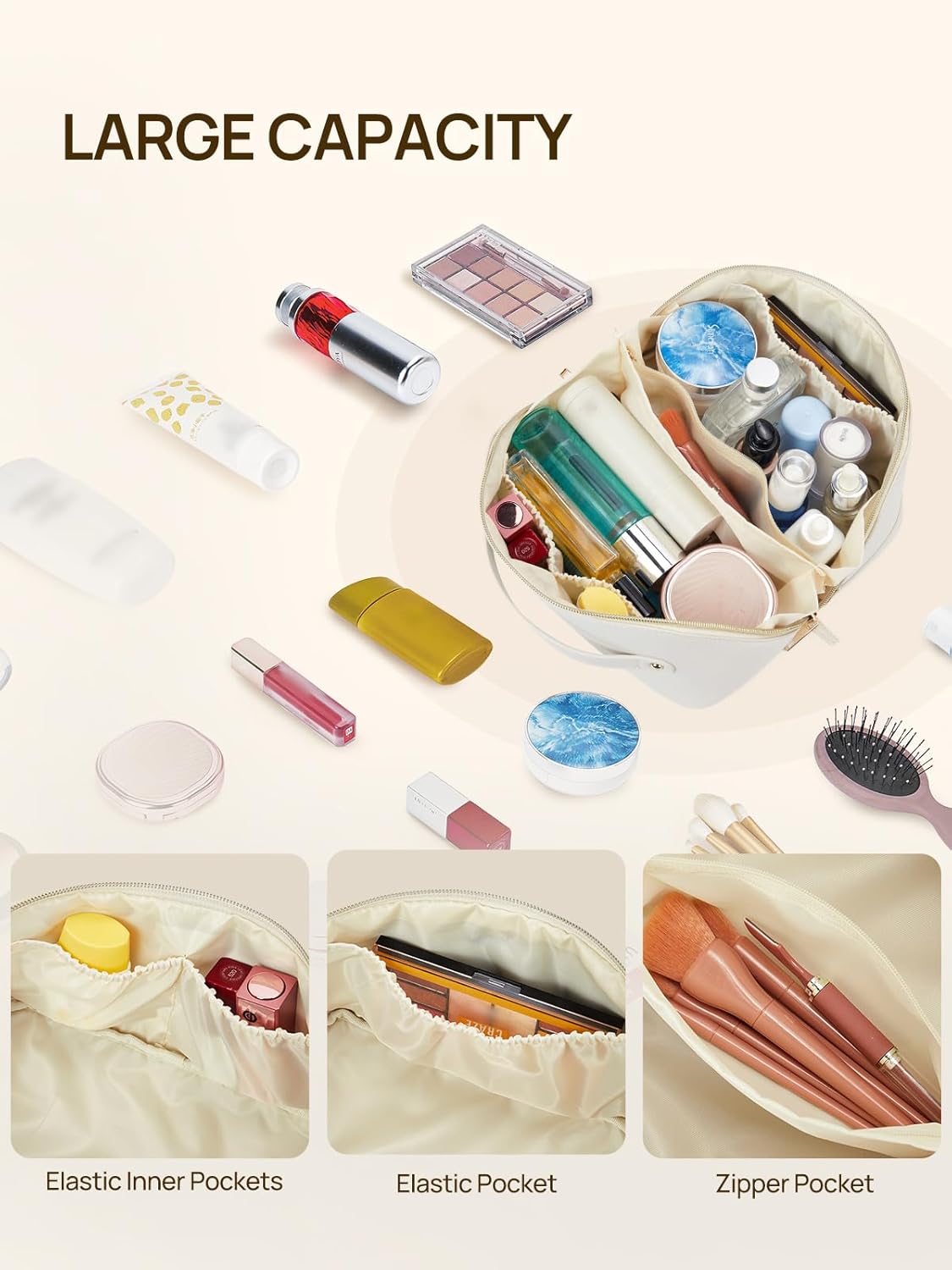Leather Make Up Bag Portable Travel Makeup Bag Waterproof Cosmetic Bags for Women Large Capacity With Handle and Divider Open Lay Flat | Cosmetic Bags for Women Large Capacity With Handle and Divider Open Lay Flat