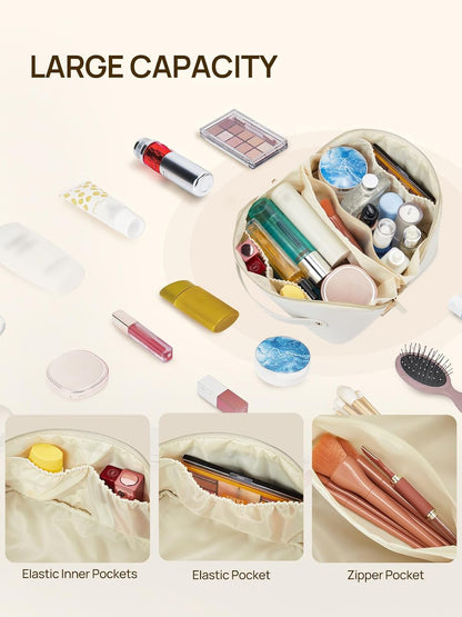 Leather Make Up Bag Portable Travel Makeup Bag Waterproof Cosmetic Bags for Women Large Capacity With Handle and Divider Open Lay Flat | Cosmetic Bags for Women Large Capacity With Handle and Divider Open Lay Flat