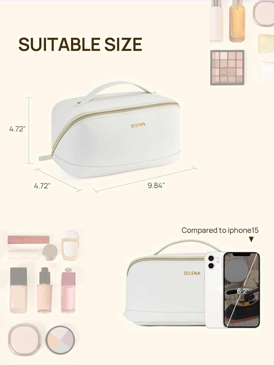 Leather Make Up Bag Portable Travel Makeup Bag Waterproof Cosmetic Bags for Women Large Capacity With Handle and Divider Open Lay Flat | Cosmetic Bags for Women Large Capacity With Handle and Divider Open Lay Flat