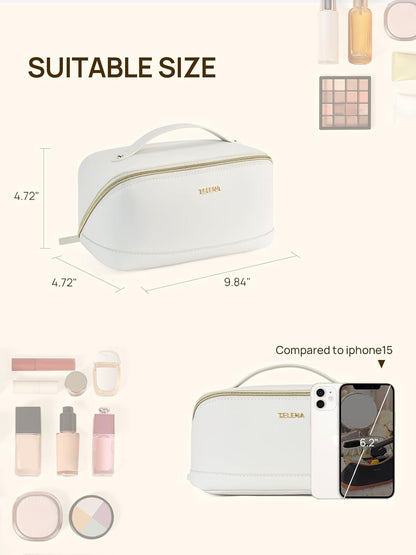 Leather Make Up Bag Portable Travel Makeup Bag Waterproof Cosmetic Bags for Women Large Capacity With Handle and Divider Open Lay Flat | Cosmetic Bags for Women Large Capacity With Handle and Divider Open Lay Flat