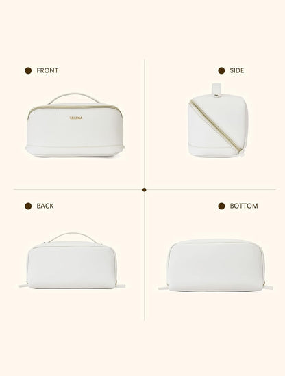 Leather Make Up Bag Portable Travel Makeup Bag Waterproof Cosmetic Bags for Women Large Capacity With Handle and Divider Open Lay Flat | Cosmetic Bags for Women Large Capacity With Handle and Divider Open Lay Flat
