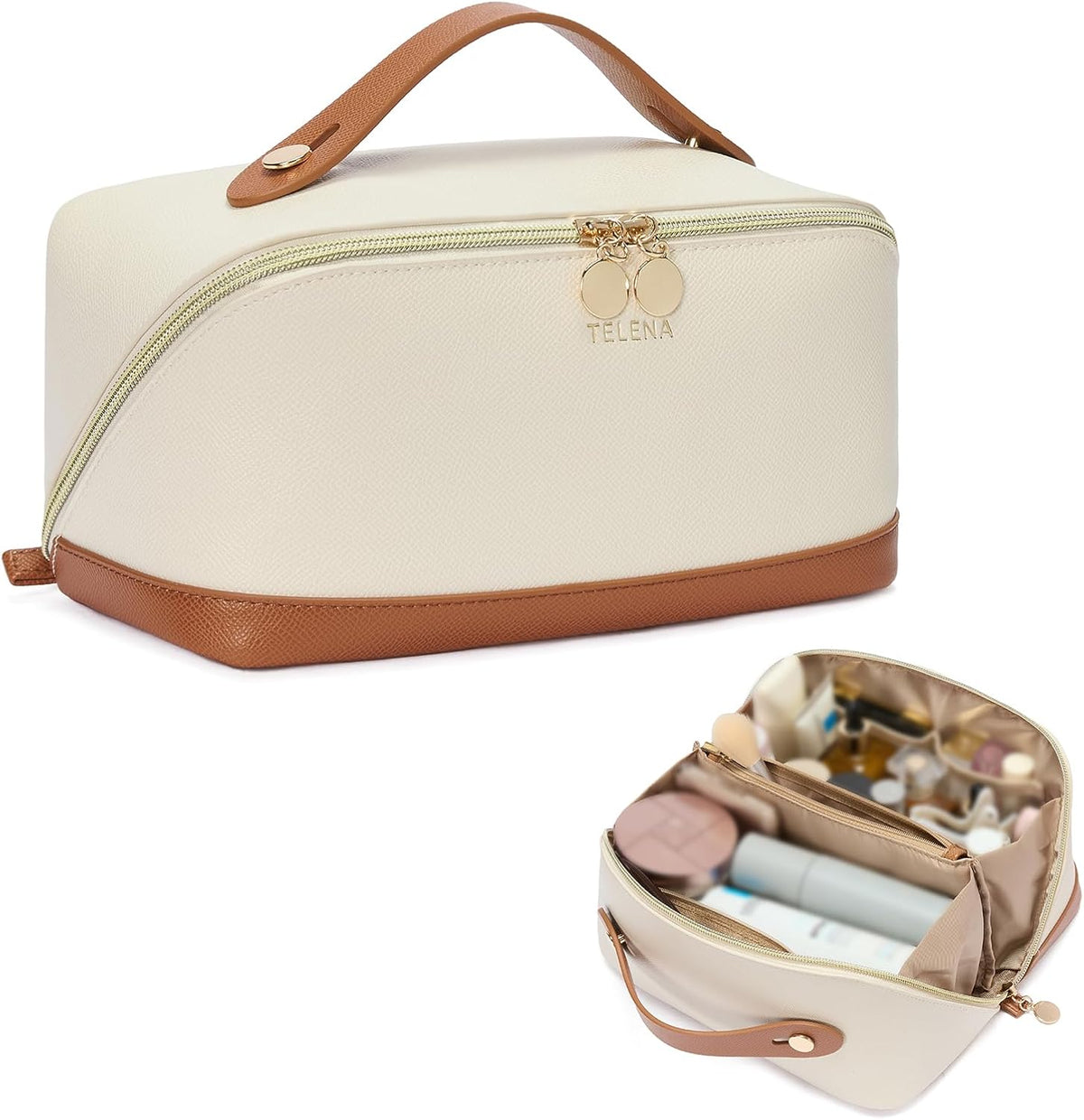 Leather Make Up Bag Portable Travel Makeup Bag Waterproof Cosmetic Bags for Women Large Capacity With Handle and Divider Open Lay Flat | Cosmetic Bags for Women Large Capacity With Handle and Divider Open Lay Flat