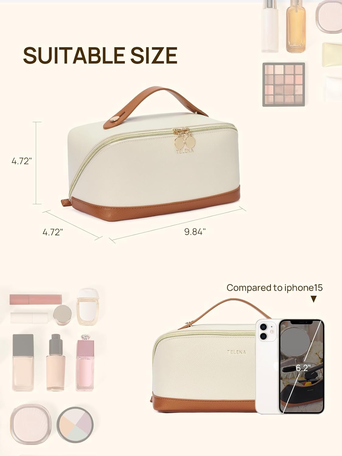 Leather Make Up Bag Portable Travel Makeup Bag Waterproof Cosmetic Bags for Women Large Capacity With Handle and Divider Open Lay Flat | Cosmetic Bags for Women Large Capacity With Handle and Divider Open Lay Flat
