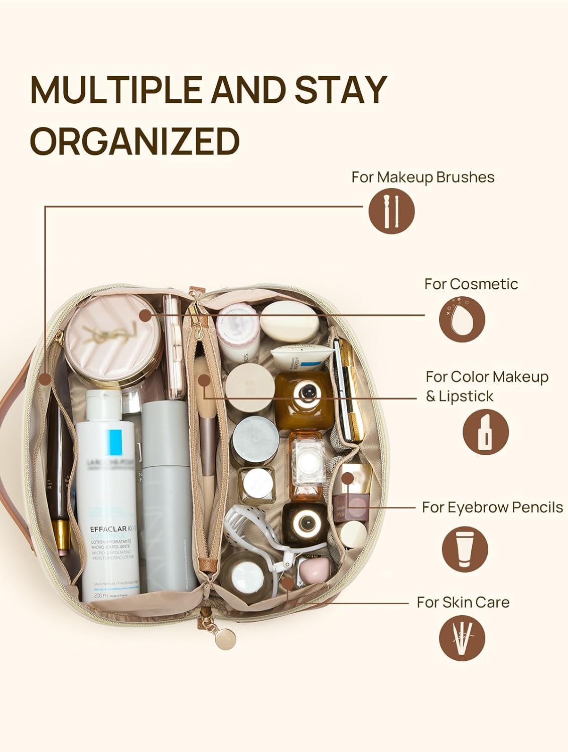 Leather Make Up Bag Portable Travel Makeup Bag Waterproof Cosmetic Bags for Women Large Capacity With Handle and Divider Open Lay Flat | Cosmetic Bags for Women Large Capacity With Handle and Divider Open Lay Flat
