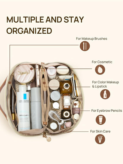 Leather Make Up Bag Portable Travel Makeup Bag Waterproof Cosmetic Bags for Women Large Capacity With Handle and Divider Open Lay Flat | Cosmetic Bags for Women Large Capacity With Handle and Divider Open Lay Flat