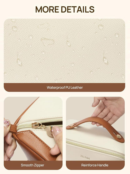 Leather Make Up Bag Portable Travel Makeup Bag Waterproof Cosmetic Bags for Women Large Capacity With Handle and Divider Open Lay Flat | Cosmetic Bags for Women Large Capacity With Handle and Divider Open Lay Flat