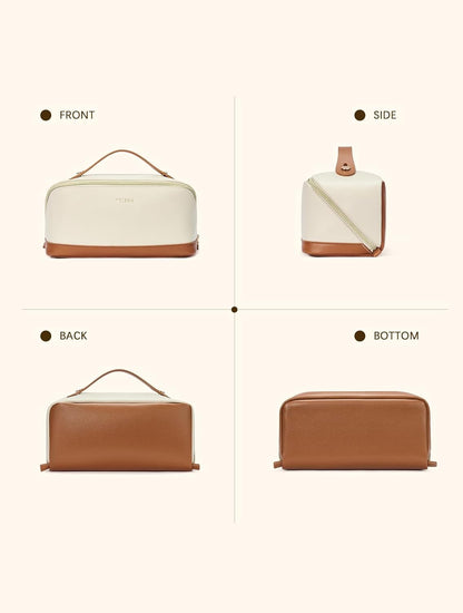 Leather Make Up Bag Portable Travel Makeup Bag Waterproof Cosmetic Bags for Women Large Capacity With Handle and Divider Open Lay Flat | Cosmetic Bags for Women Large Capacity With Handle and Divider Open Lay Flat