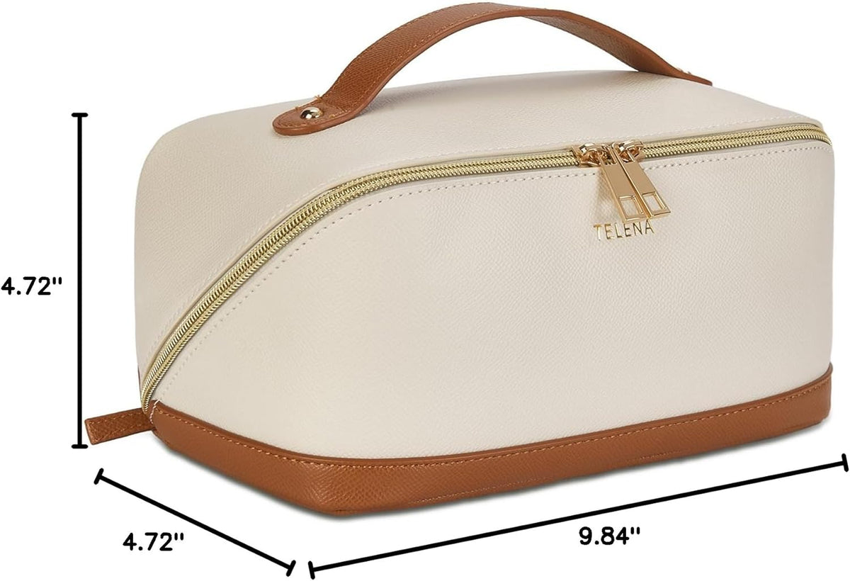 Leather Make Up Bag Portable Travel Makeup Bag Waterproof Cosmetic Bags for Women Large Capacity With Handle and Divider Open Lay Flat | Cosmetic Bags for Women Large Capacity With Handle and Divider Open Lay Flat
