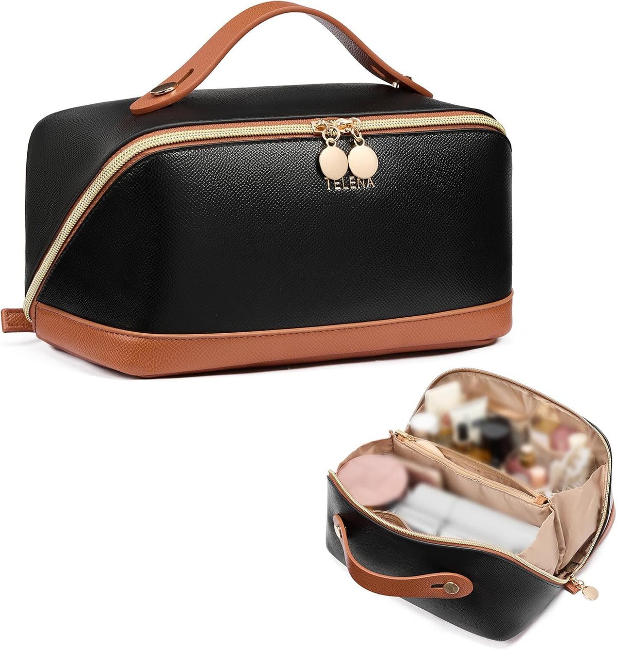 Leather Make Up Bag Portable Travel Makeup Bag Waterproof Cosmetic Bags for Women Large Capacity With Handle and Divider Open Lay Flat | Cosmetic Bags for Women Large Capacity With Handle and Divider Open Lay Flat