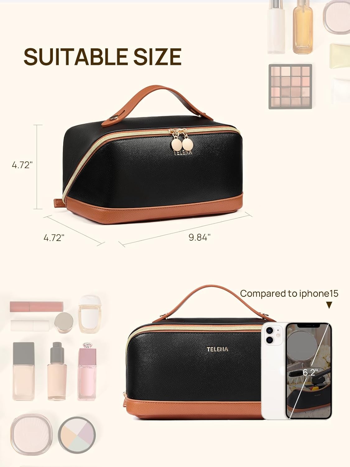 Leather Make Up Bag Portable Travel Makeup Bag Waterproof Cosmetic Bags for Women Large Capacity With Handle and Divider Open Lay Flat | Cosmetic Bags for Women Large Capacity With Handle and Divider Open Lay Flat