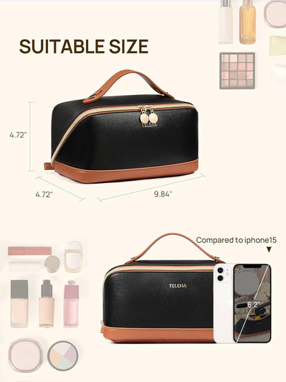 Leather Make Up Bag Portable Travel Makeup Bag Waterproof Cosmetic Bags for Women Large Capacity With Handle and Divider Open Lay Flat | Cosmetic Bags for Women Large Capacity With Handle and Divider Open Lay Flat