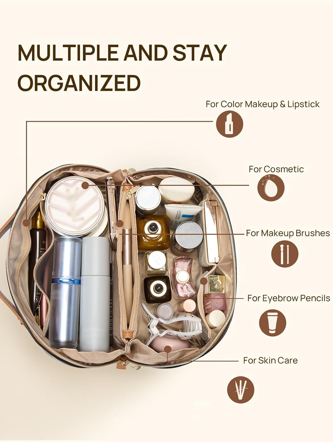 Leather Make Up Bag Portable Travel Makeup Bag Waterproof Cosmetic Bags for Women Large Capacity With Handle and Divider Open Lay Flat | Cosmetic Bags for Women Large Capacity With Handle and Divider Open Lay Flat