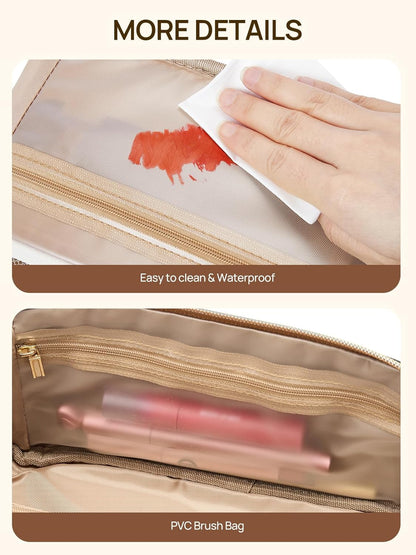 Leather Make Up Bag Portable Travel Makeup Bag Waterproof Cosmetic Bags for Women Large Capacity With Handle and Divider Open Lay Flat | Cosmetic Bags for Women Large Capacity With Handle and Divider Open Lay Flat