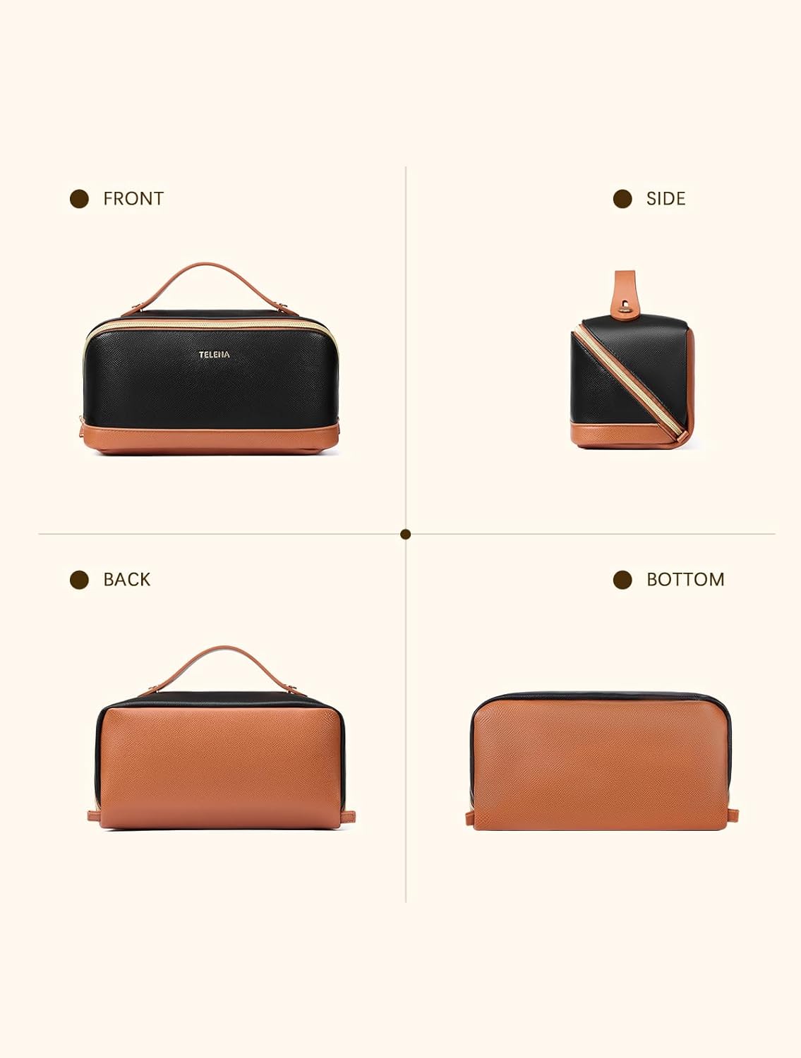 Leather Make Up Bag Portable Travel Makeup Bag Waterproof Cosmetic Bags for Women Large Capacity With Handle and Divider Open Lay Flat | Cosmetic Bags for Women Large Capacity With Handle and Divider Open Lay Flat