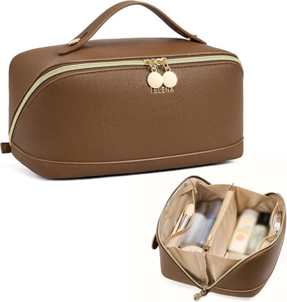 Leather Make Up Bag Portable Travel Makeup Bag Waterproof Cosmetic Bags for Women Large Capacity With Handle and Divider Open Lay Flat | Cosmetic Bags for Women Large Capacity With Handle and Divider Open Lay Flat