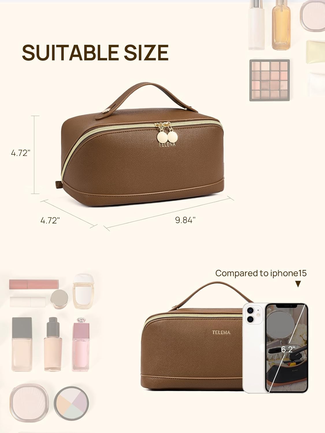 Leather Make Up Bag Portable Travel Makeup Bag Waterproof Cosmetic Bags for Women Large Capacity With Handle and Divider Open Lay Flat | Cosmetic Bags for Women Large Capacity With Handle and Divider Open Lay Flat