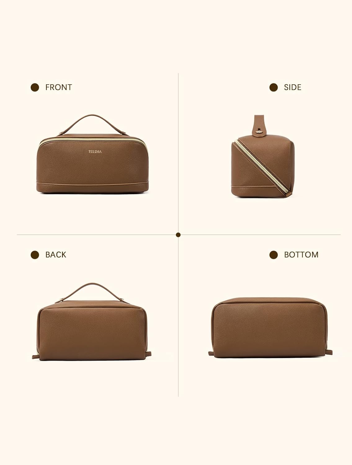 Leather Make Up Bag Portable Travel Makeup Bag Waterproof Cosmetic Bags for Women Large Capacity With Handle and Divider Open Lay Flat | Cosmetic Bags for Women Large Capacity With Handle and Divider Open Lay Flat