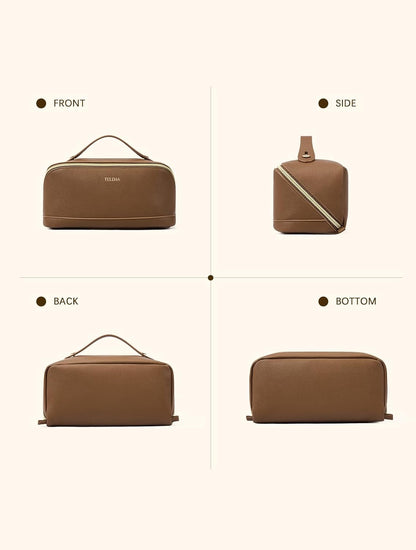 Leather Make Up Bag Portable Travel Makeup Bag Waterproof Cosmetic Bags for Women Large Capacity With Handle and Divider Open Lay Flat | Cosmetic Bags for Women Large Capacity With Handle and Divider Open Lay Flat