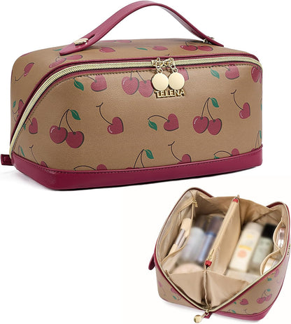 Leather Make Up Bag Portable Travel Makeup Bag Waterproof Cosmetic Bags for Women Large Capacity With Handle and Divider Open Lay Flat | Cosmetic Bags for Women Large Capacity With Handle and Divider Open Lay Flat