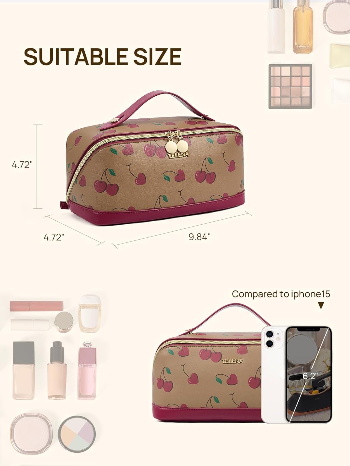 Leather Make Up Bag Portable Travel Makeup Bag Waterproof Cosmetic Bags for Women Large Capacity With Handle and Divider Open Lay Flat | Cosmetic Bags for Women Large Capacity With Handle and Divider Open Lay Flat