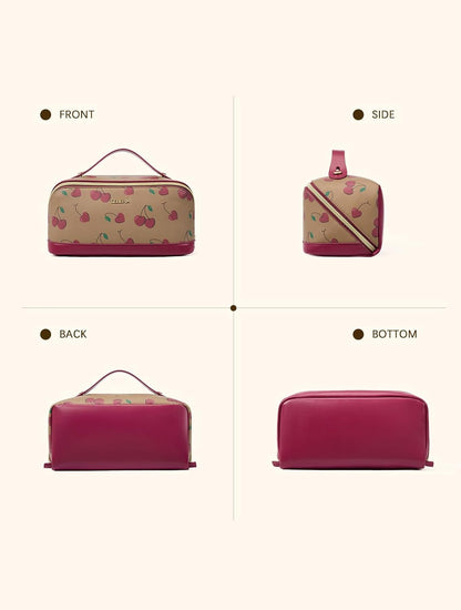 Leather Make Up Bag Portable Travel Makeup Bag Waterproof Cosmetic Bags for Women Large Capacity With Handle and Divider Open Lay Flat | Cosmetic Bags for Women Large Capacity With Handle and Divider Open Lay Flat