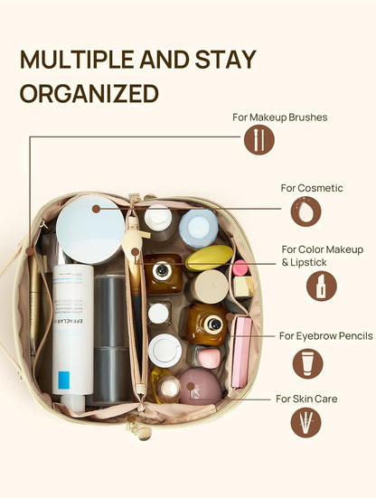 Leather Make Up Bag Portable Travel Makeup Bag Waterproof Cosmetic Bags for Women Large Capacity With Handle and Divider Open Lay Flat | Cosmetic Bags for Women Large Capacity With Handle and Divider Open Lay Flat