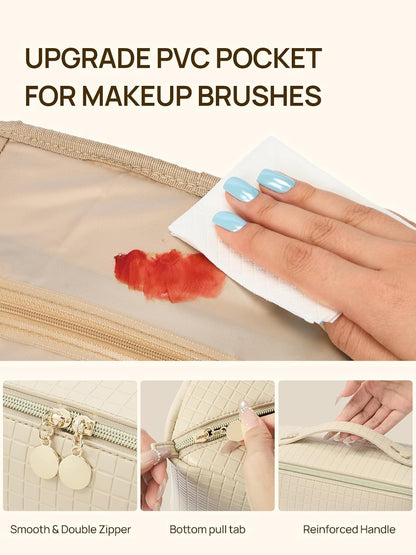 Leather Make Up Bag Portable Travel Makeup Bag Waterproof Cosmetic Bags for Women Large Capacity With Handle and Divider Open Lay Flat | Cosmetic Bags for Women Large Capacity With Handle and Divider Open Lay Flat