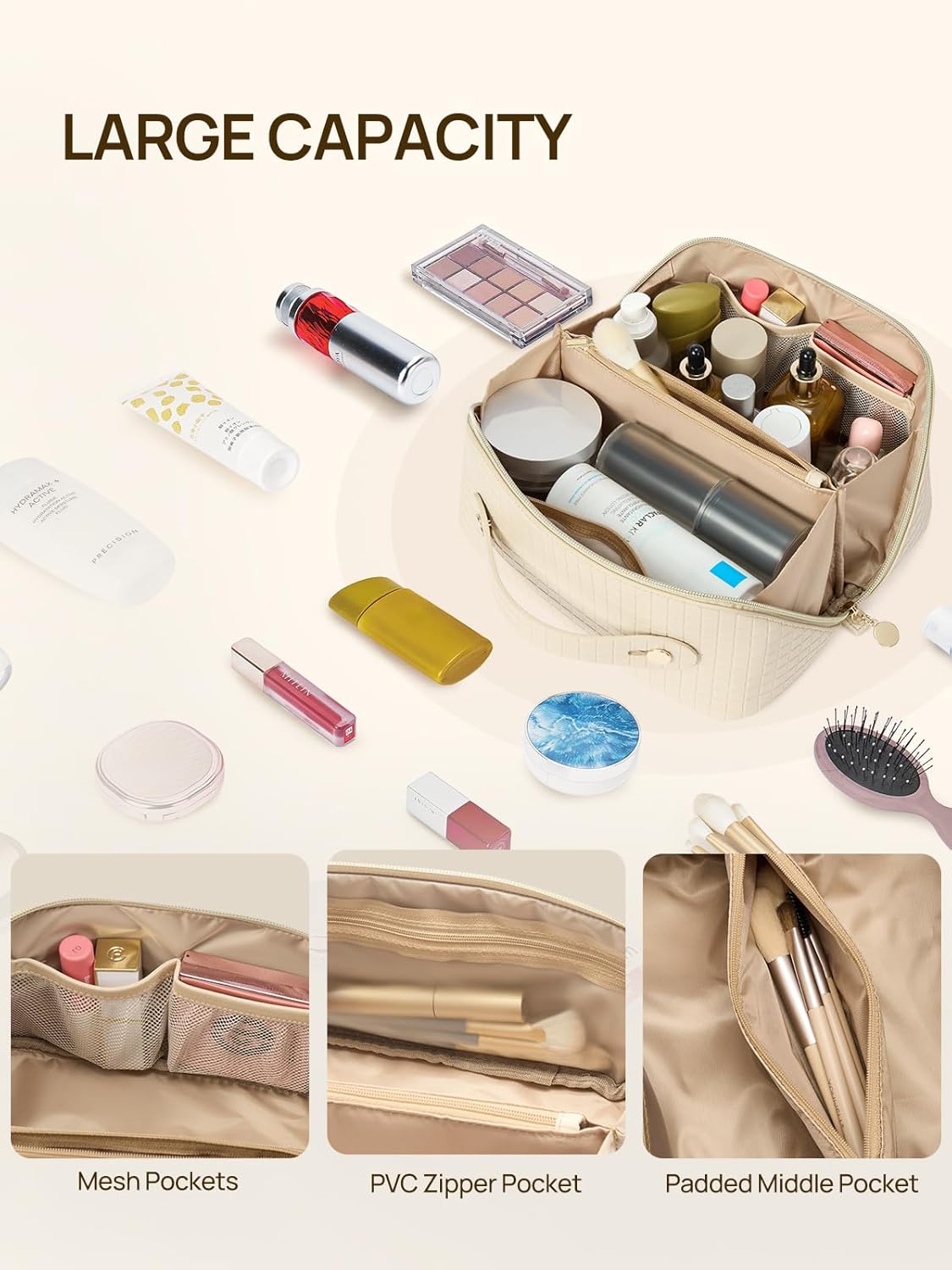 Leather Make Up Bag Portable Travel Makeup Bag Waterproof Cosmetic Bags for Women Large Capacity With Handle and Divider Open Lay Flat | Cosmetic Bags for Women Large Capacity With Handle and Divider Open Lay Flat