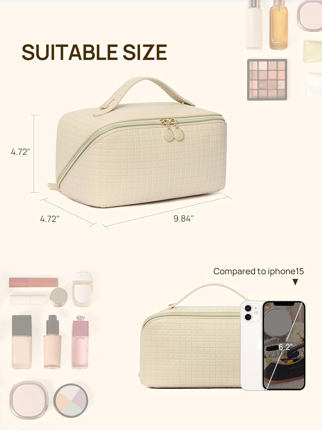 Leather Make Up Bag Portable Travel Makeup Bag Waterproof Cosmetic Bags for Women Large Capacity With Handle and Divider Open Lay Flat | Cosmetic Bags for Women Large Capacity With Handle and Divider Open Lay Flat