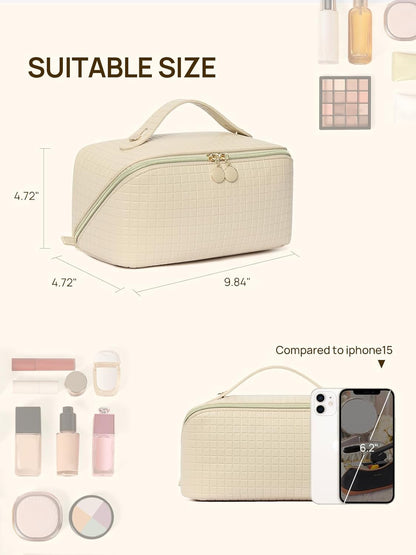 Leather Make Up Bag Portable Travel Makeup Bag Waterproof Cosmetic Bags for Women Large Capacity With Handle and Divider Open Lay Flat | Cosmetic Bags for Women Large Capacity With Handle and Divider Open Lay Flat