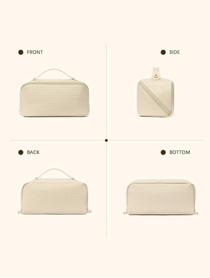 Leather Make Up Bag Portable Travel Makeup Bag Waterproof Cosmetic Bags for Women Large Capacity With Handle and Divider Open Lay Flat | Cosmetic Bags for Women Large Capacity With Handle and Divider Open Lay Flat