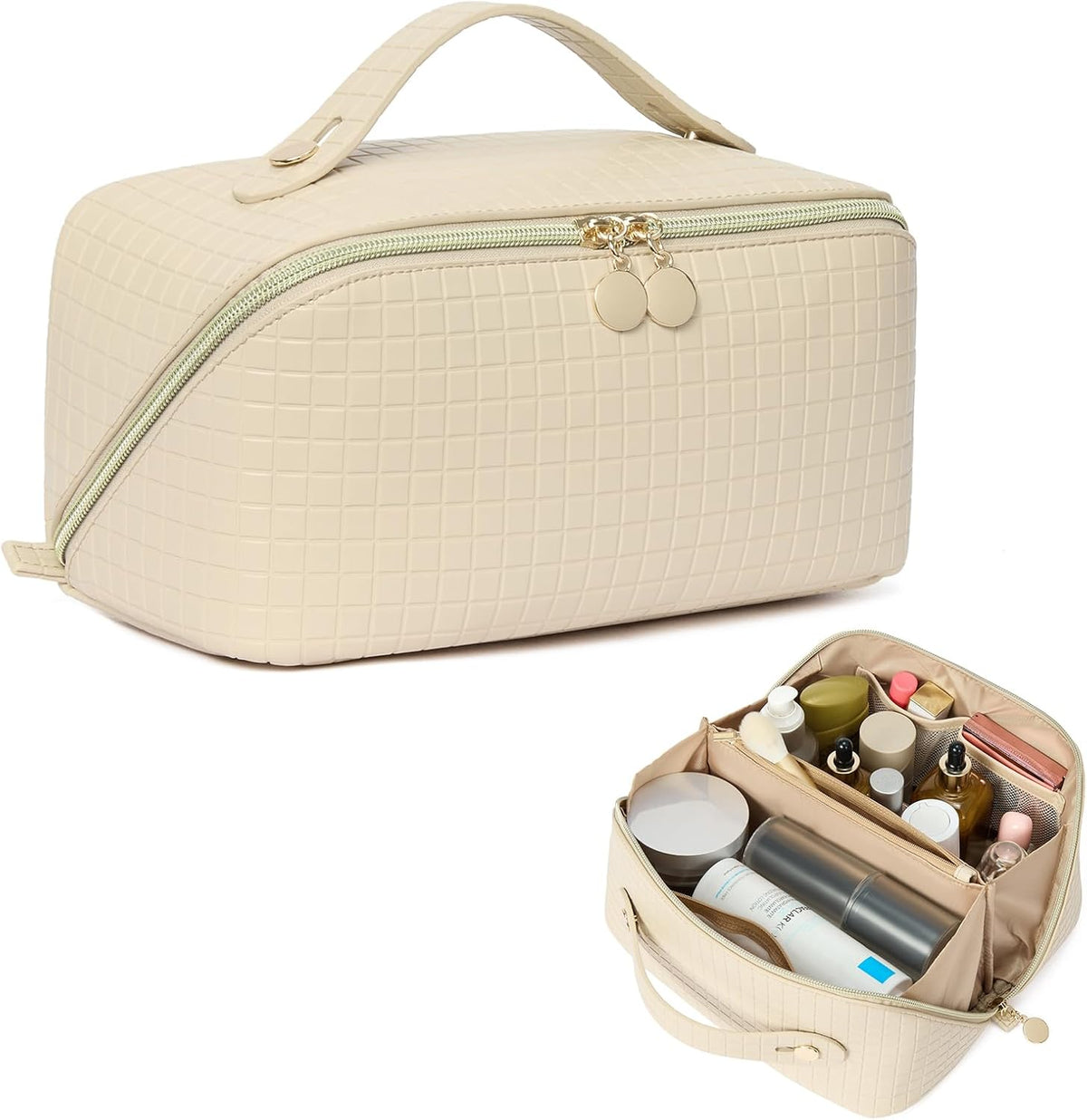 Leather Make Up Bag Portable Travel Makeup Bag Waterproof Cosmetic Bags for Women Large Capacity With Handle and Divider Open Lay Flat | Cosmetic Bags for Women Large Capacity With Handle and Divider Open Lay Flat