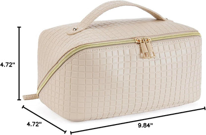 Leather Make Up Bag Portable Travel Makeup Bag Waterproof Cosmetic Bags for Women Large Capacity With Handle and Divider Open Lay Flat | Cosmetic Bags for Women Large Capacity With Handle and Divider Open Lay Flat