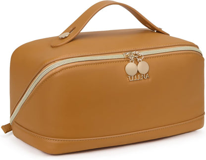 Leather Make Up Bag Portable Travel Makeup Bag Waterproof Cosmetic Bags for Women Large Capacity With Handle and Divider Open Lay Flat | Cosmetic Bags for Women Large Capacity With Handle and Divider Open Lay Flat