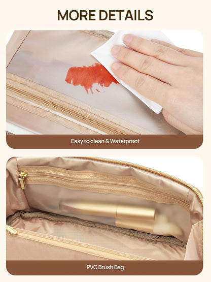 Leather Make Up Bag Portable Travel Makeup Bag Waterproof Cosmetic Bags for Women Large Capacity With Handle and Divider Open Lay Flat | Cosmetic Bags for Women Large Capacity With Handle and Divider Open Lay Flat